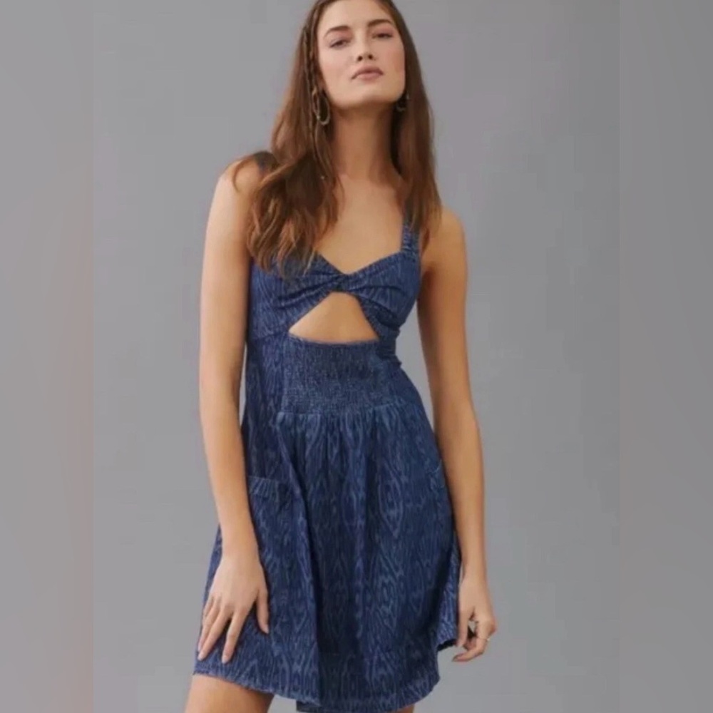 Anthropologie x Pilcro Women Ikat Blue Denim Mini City Dress Sz XS